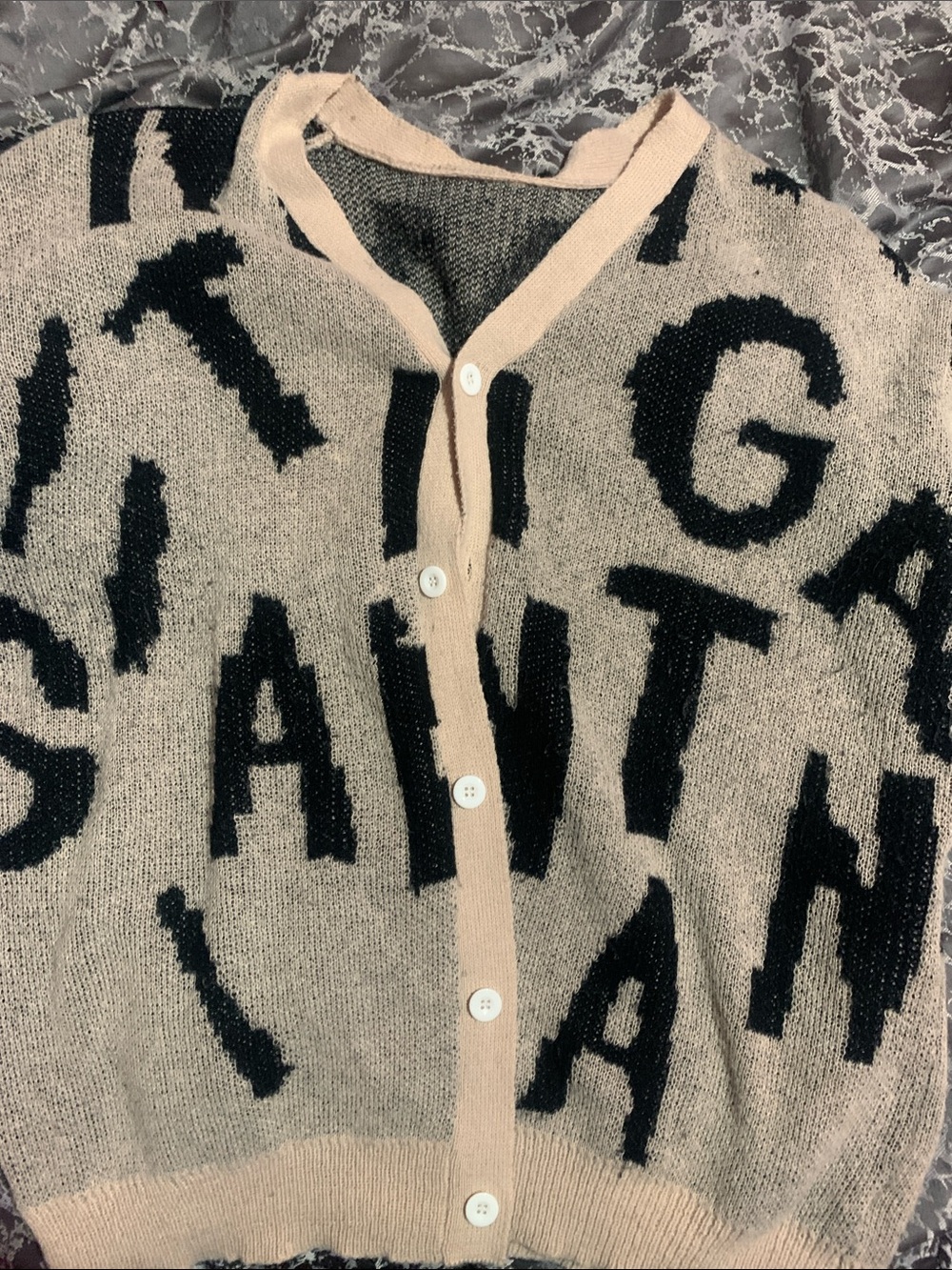 Neutral Beige Lettered Men’s Button Cardigan Sweater